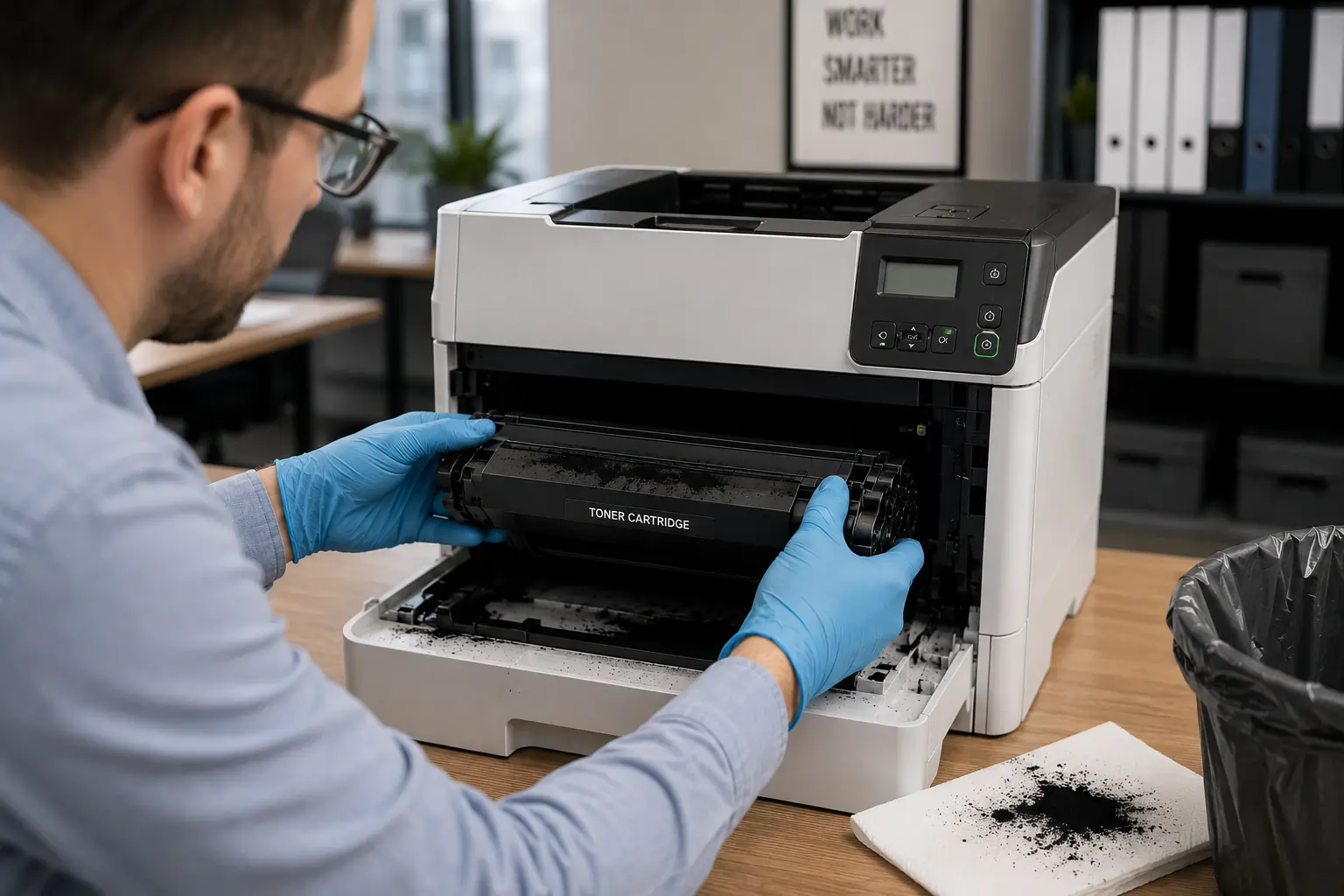 Removing leaking toner cartridge safely