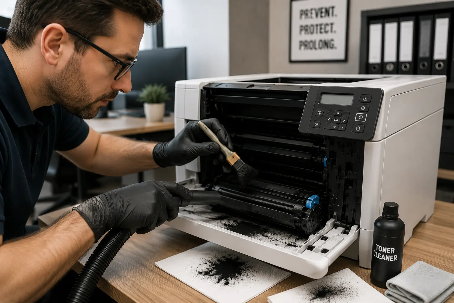 Cleaning toner powder from printer safely