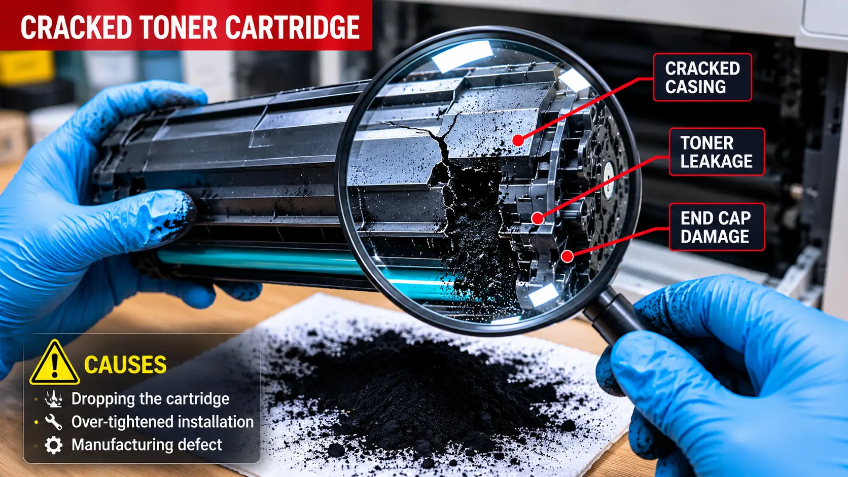 Damaged leaking toner cartridge inspection