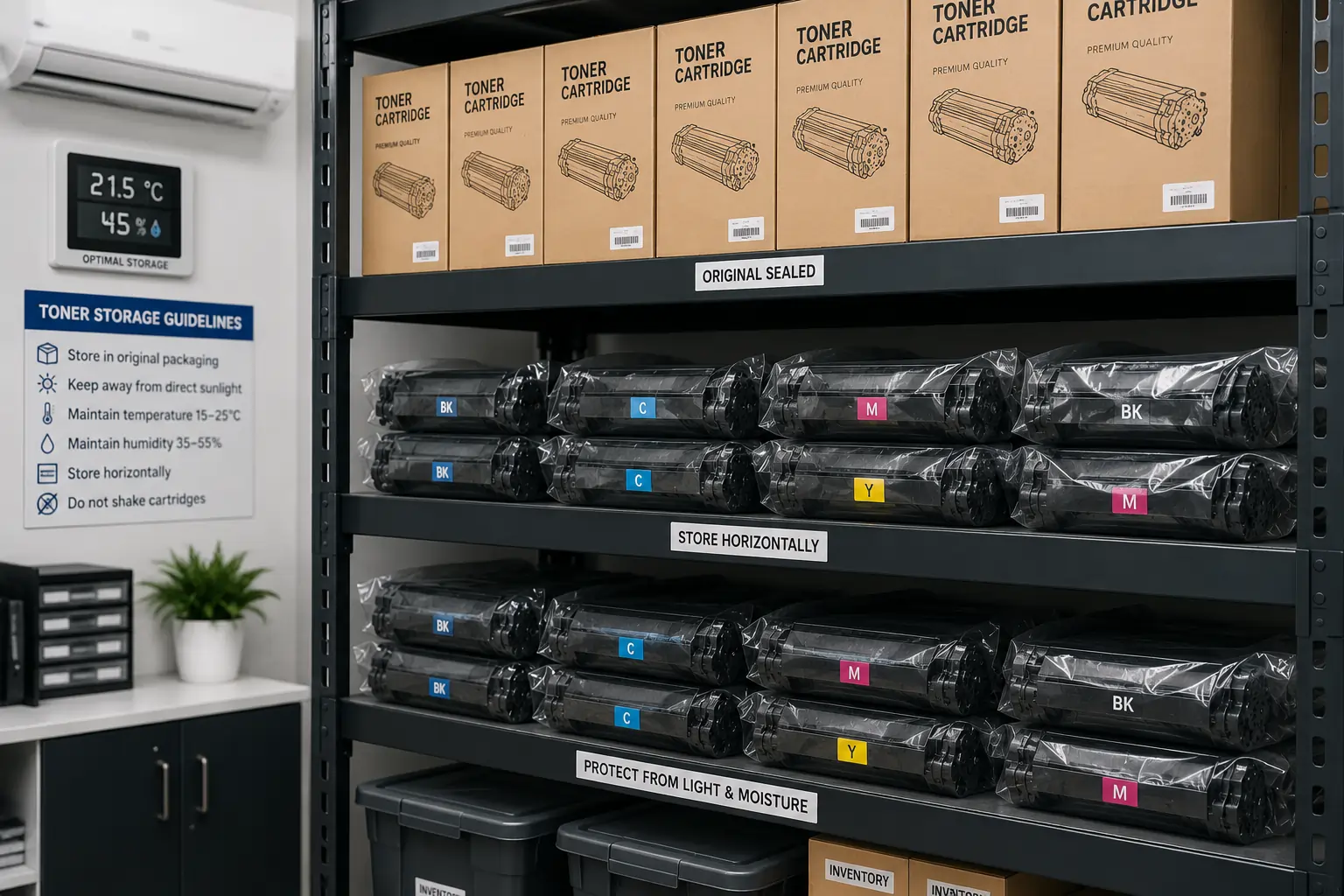 Proper toner cartridge storage preventing leaks