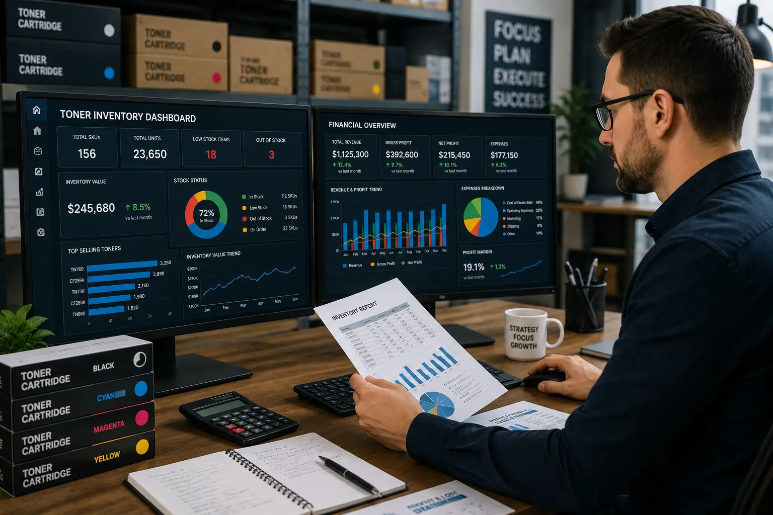 Toner business inventory tracking and financial management