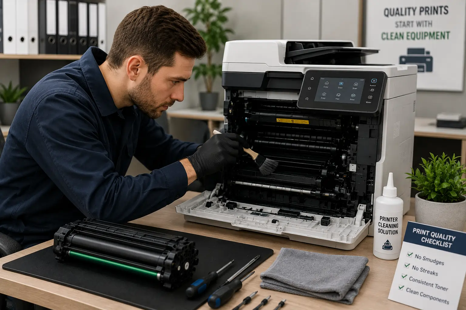 Cleaning printer interior to prevent toner smudges