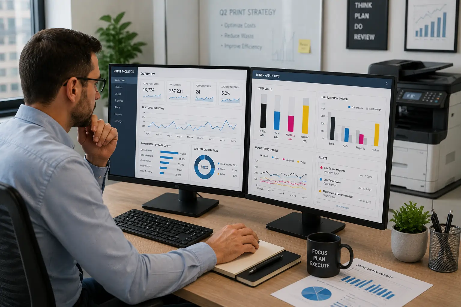 Monitoring toner cartridge performance and print usage