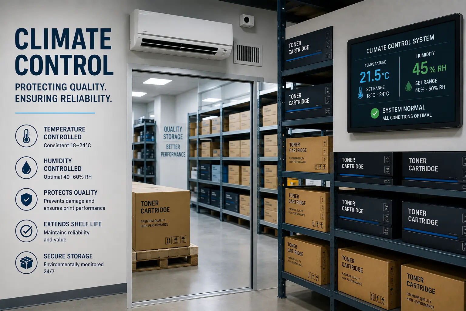 Climate controlled toner cartridge warehouse storage