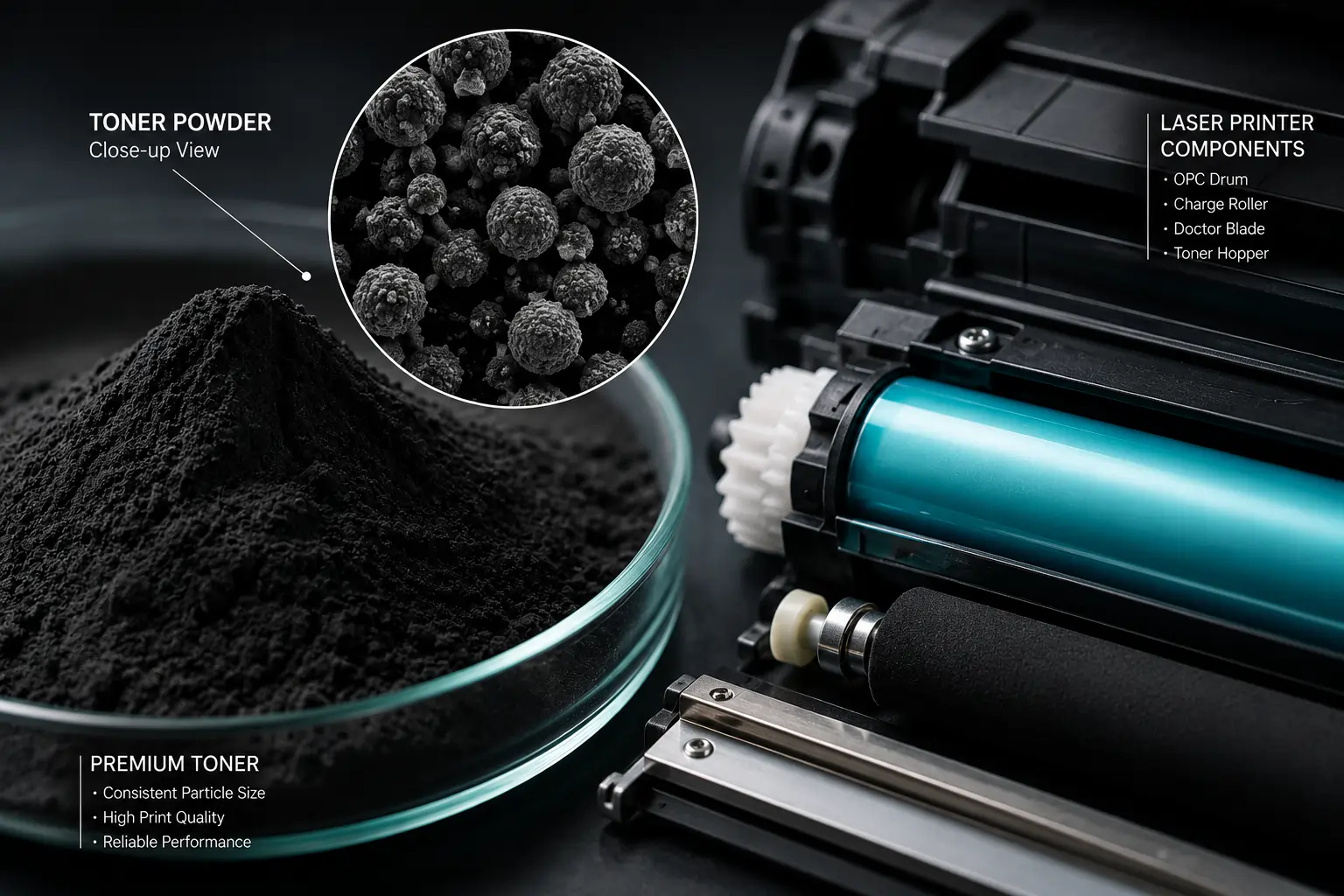 Microscopic toner powder used in laser printers