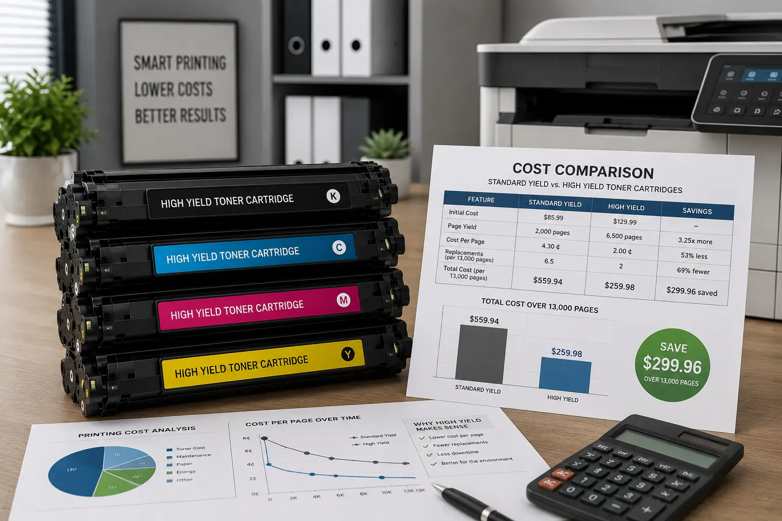 High yield toner cartridges reducing printing costs
