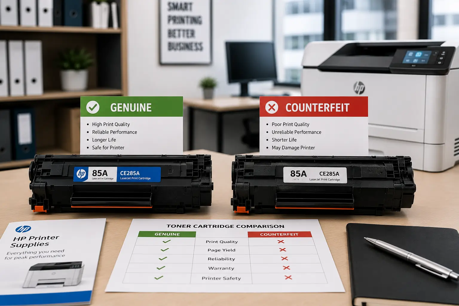 Comparing genuine and counterfeit toner cartridges