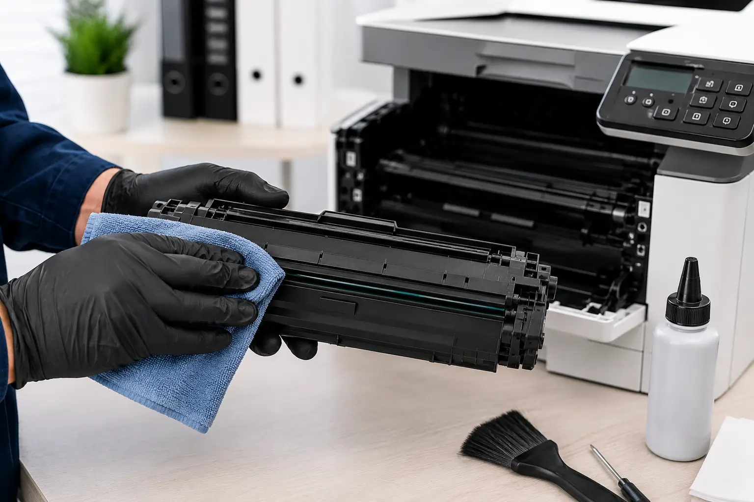 Cleaning toner cartridge with lint free cloth