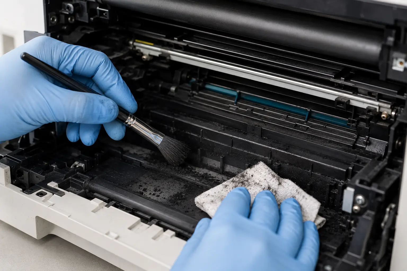 Cleaning laser printer to reduce toner cartridge noise