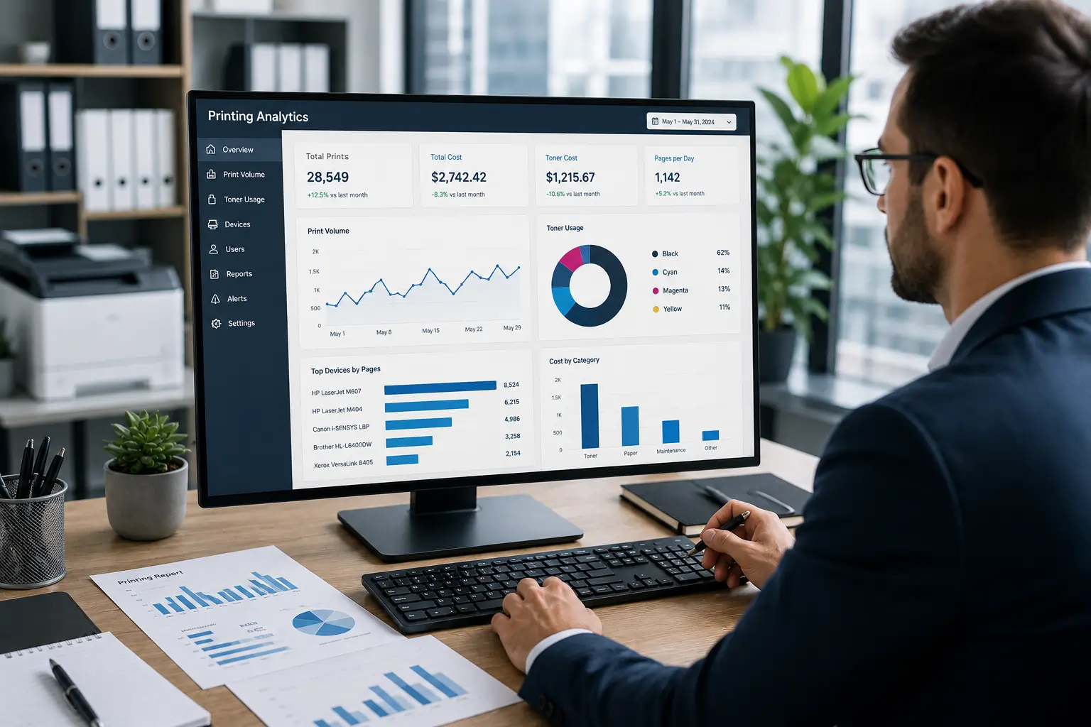Monitoring office toner usage and printing costs