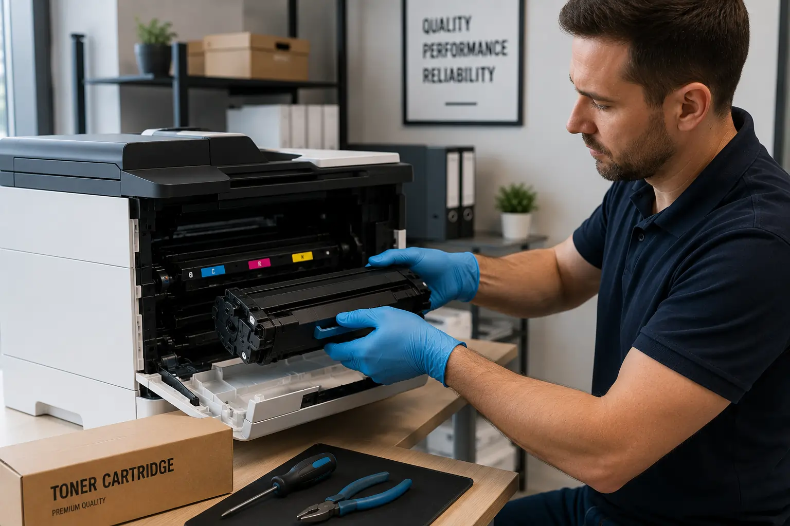 Safe toner cartridge handling with gloves