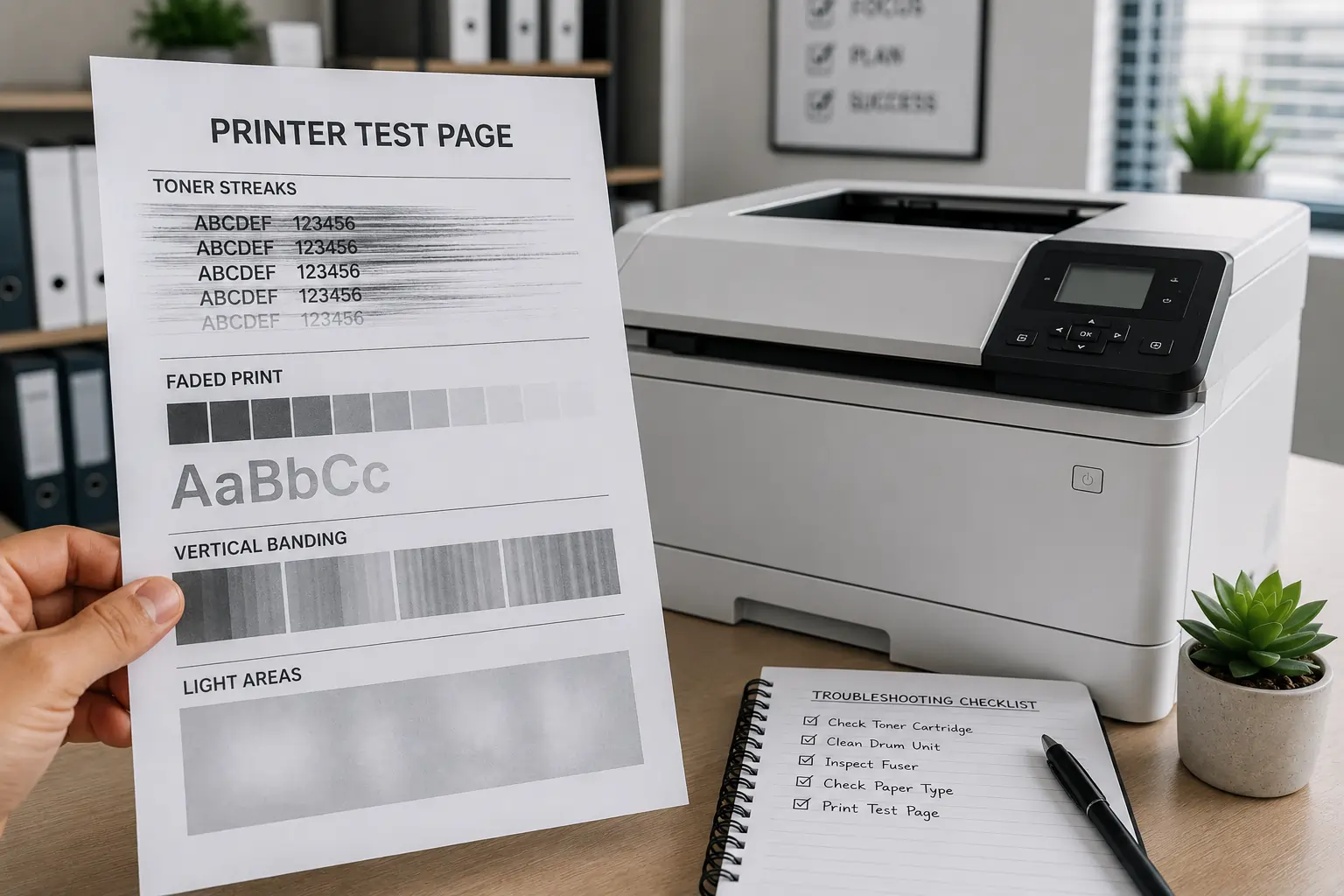 Toner cartridge print quality troubleshooting test page