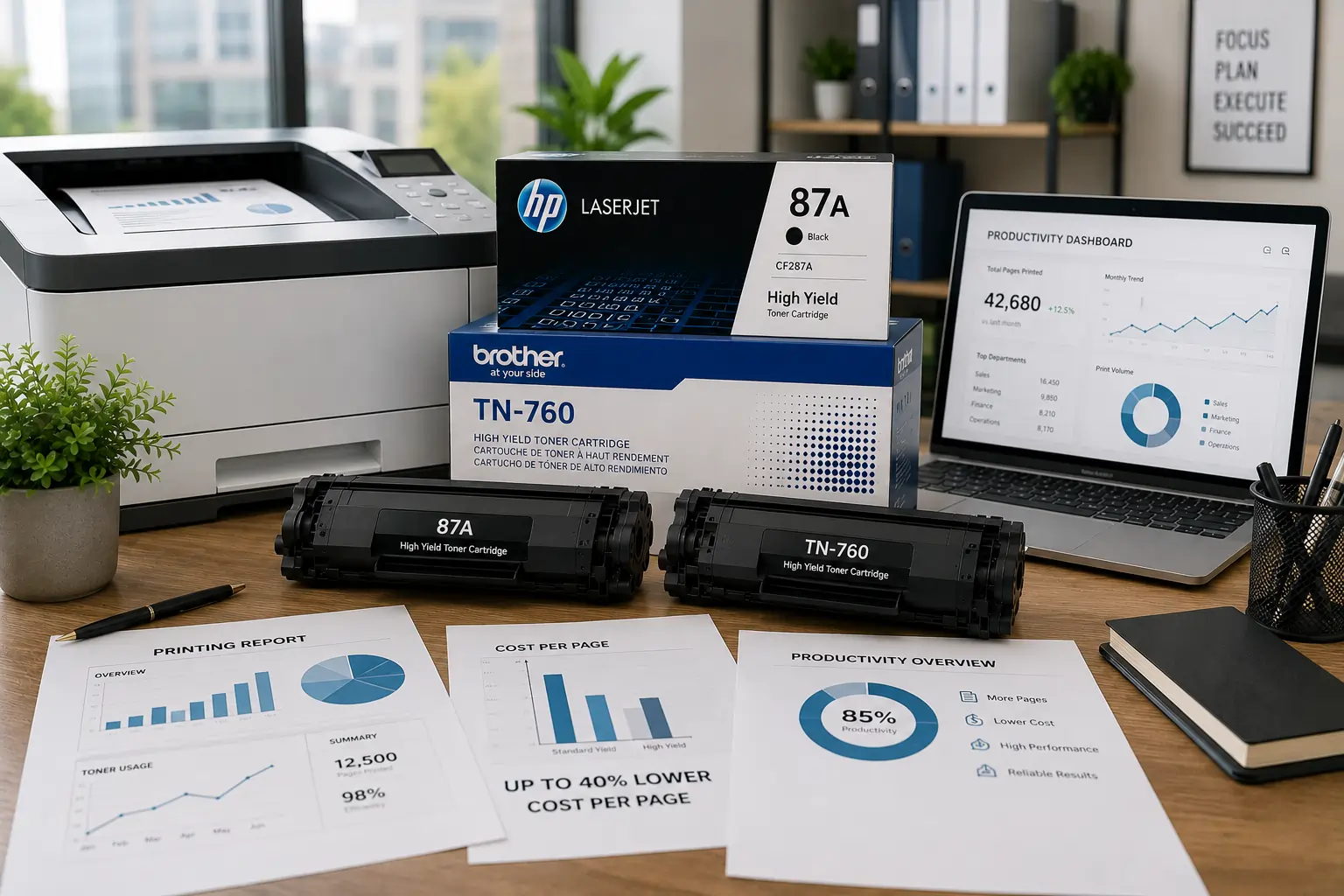 High yield toner cartridges beside office printing reports and productivity charts in professional environment