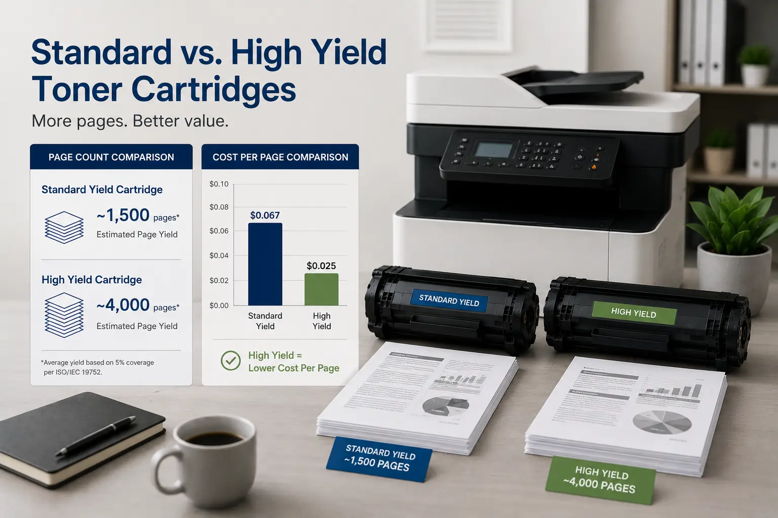 Standard vs high yield toner cartridge page count comparison