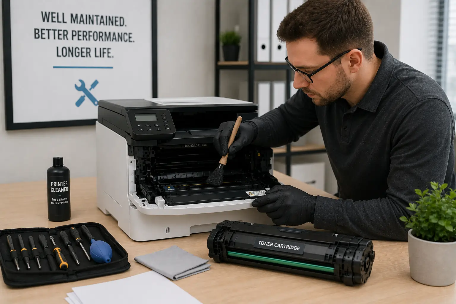 Cleaning printer to improve toner cartridge lifespan