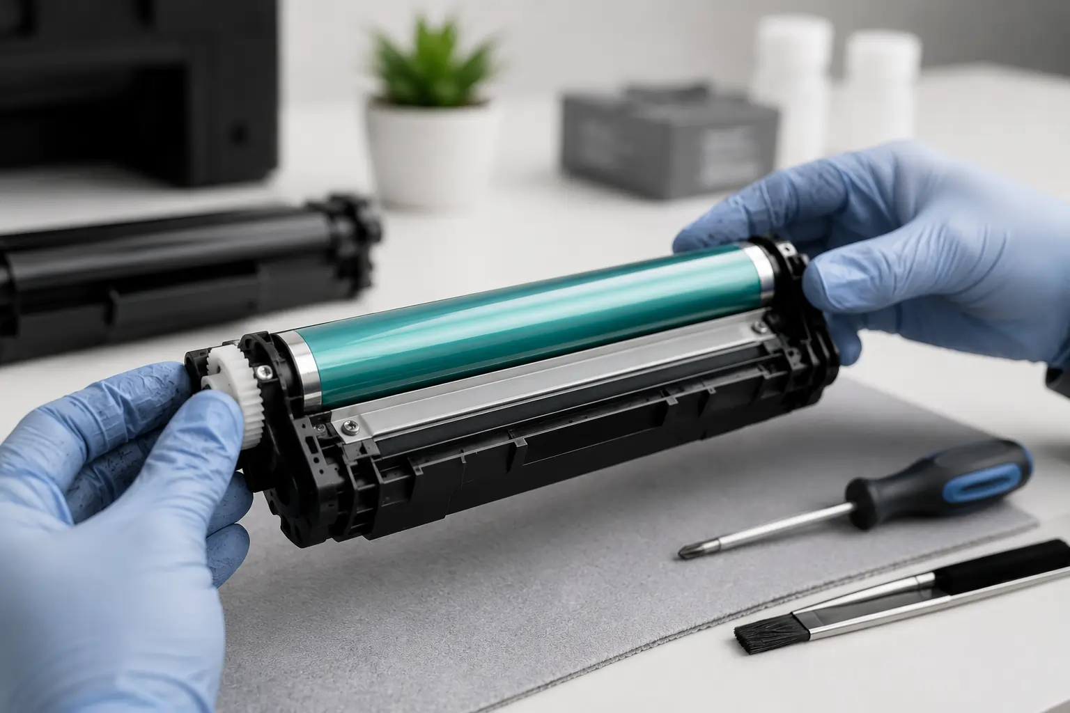 Close up of toner cartridge drum unit being carefully handled by technician in clean workspace