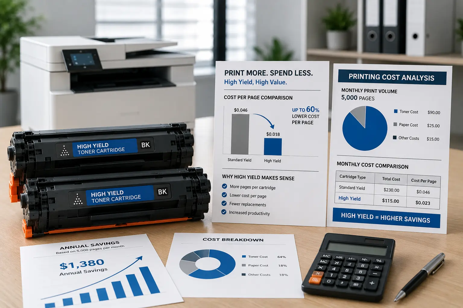High yield toner cartridges reducing printing costs