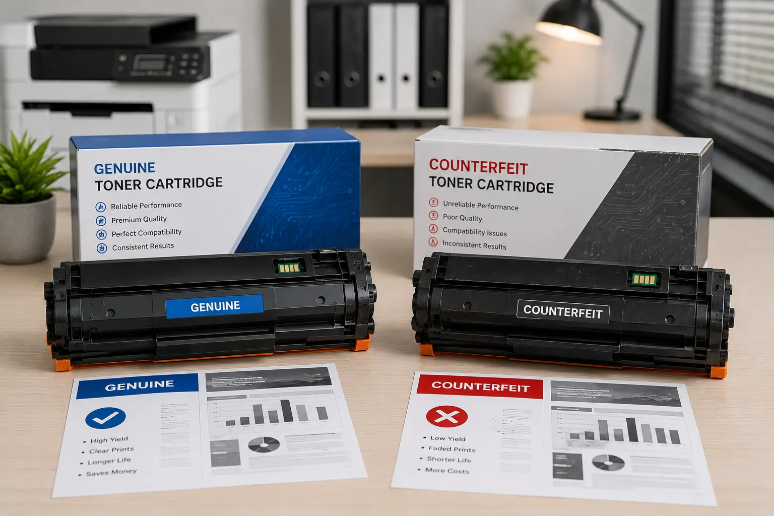 Comparing genuine and counterfeit toner cartridges