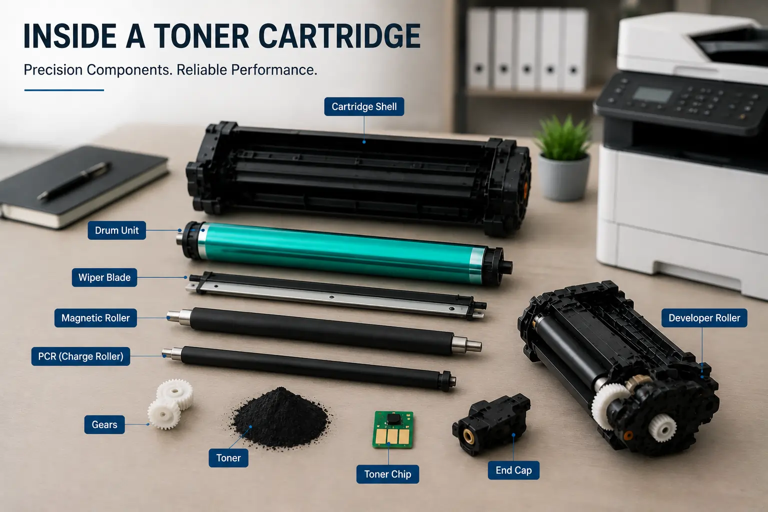 Internal components inside a toner cartridge
