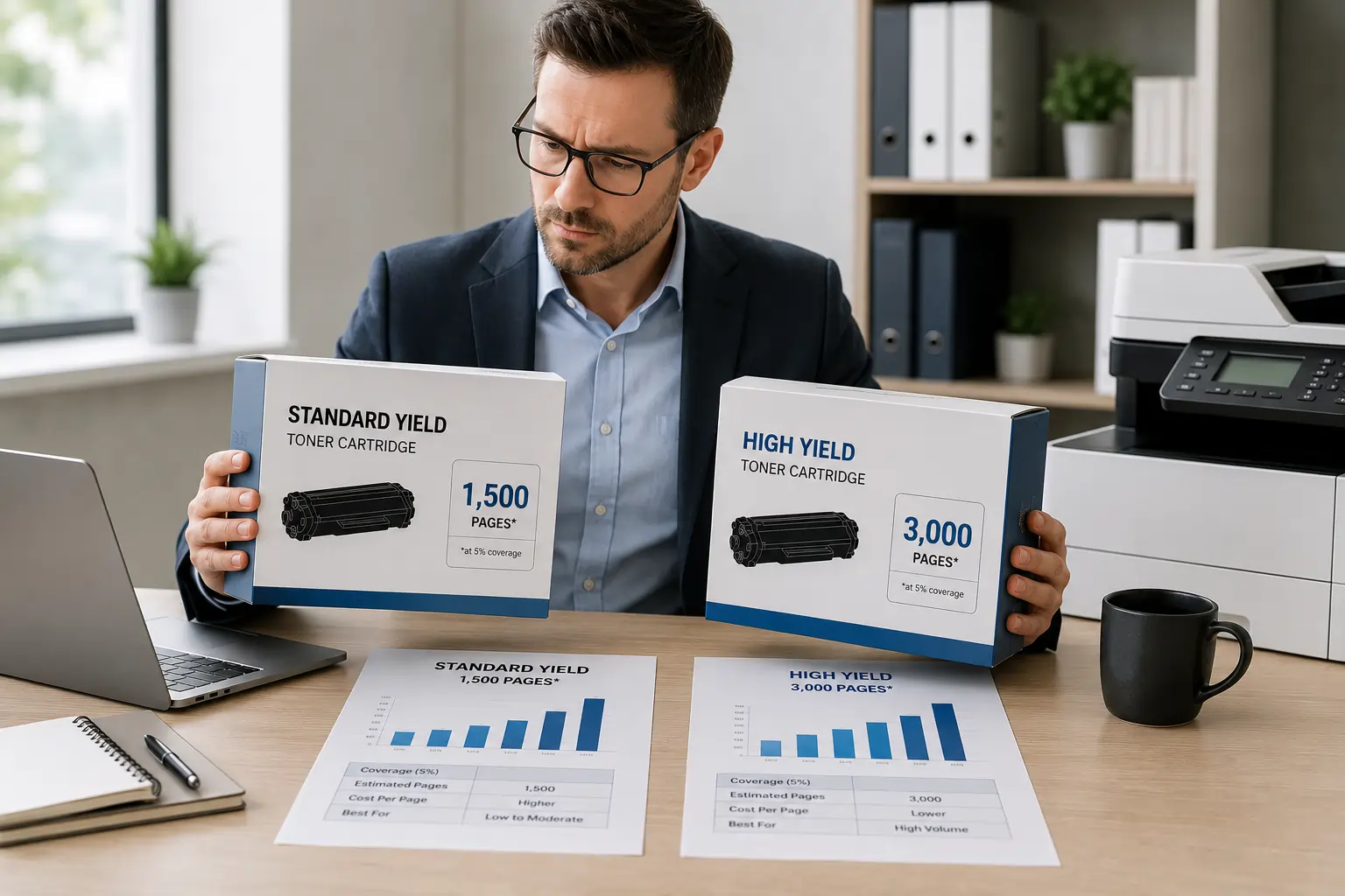 Comparing standard and high yield toner cartridge yield