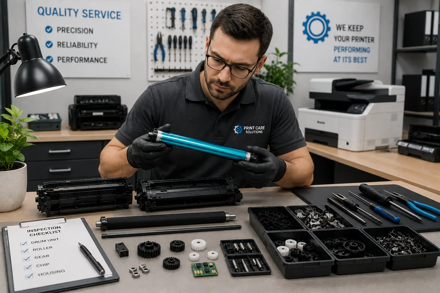 Printer technician checking toner cartridge parts for resale