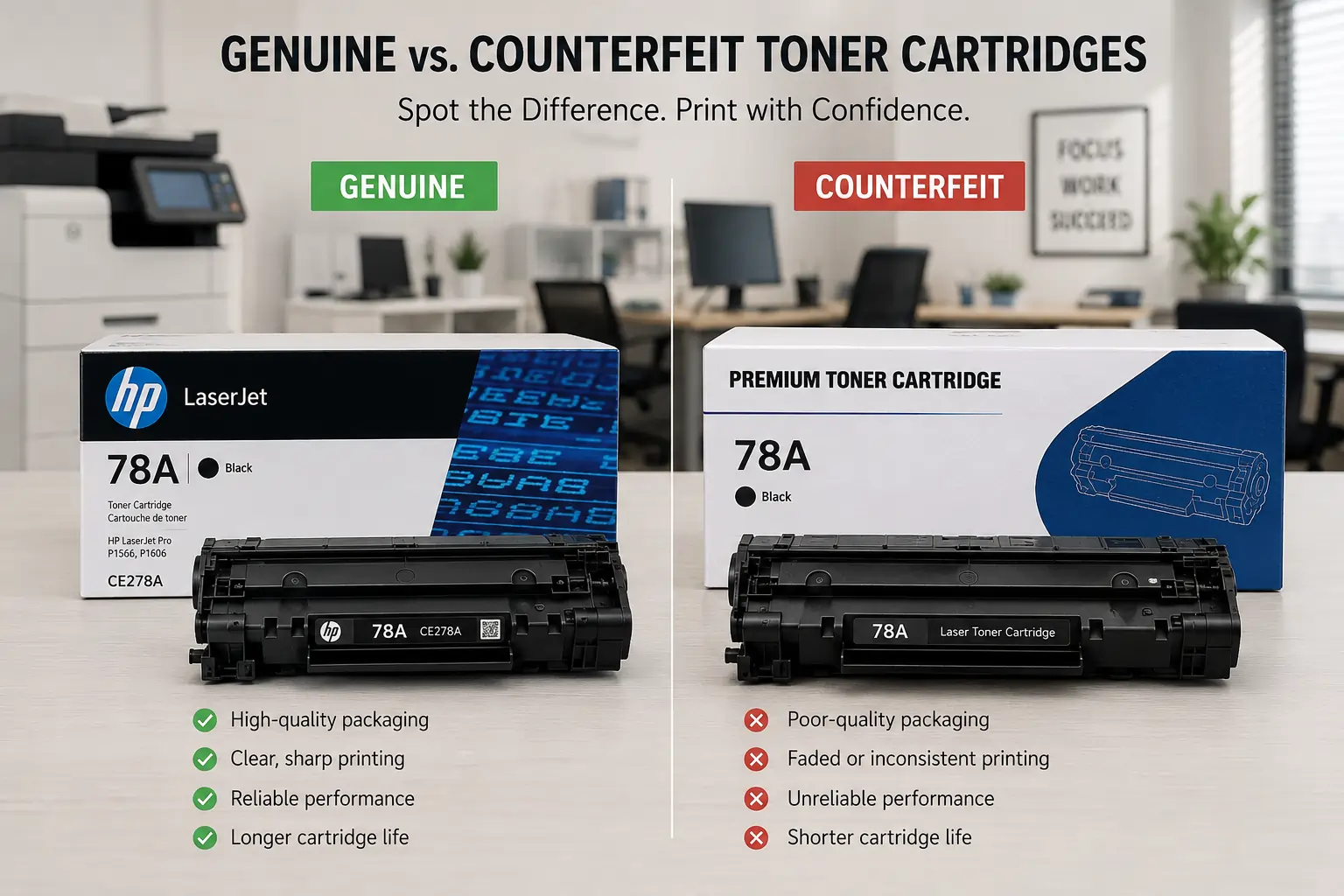 Genuine vs counterfeit toner cartridges comparison