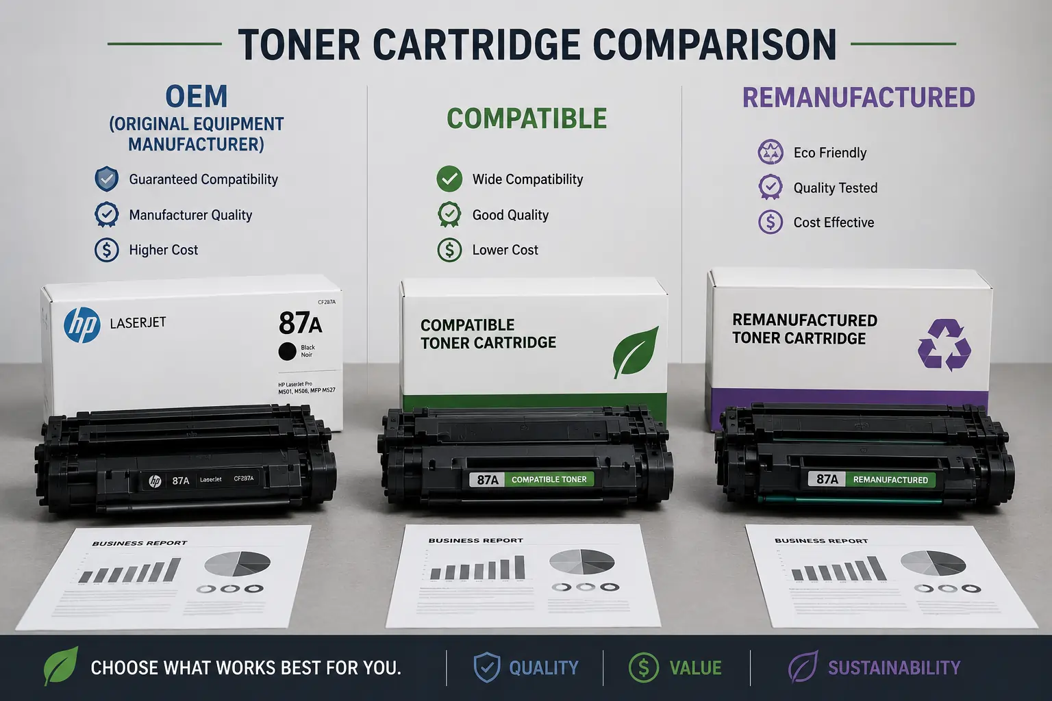 comparison of OEM compatible and remanufactured toner cartridges