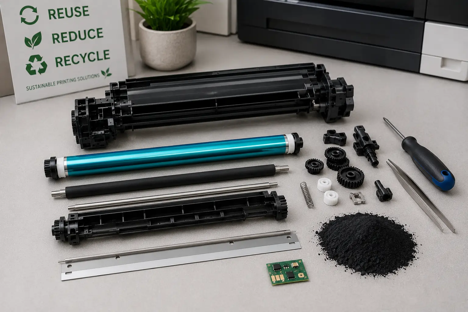 Reusable toner cartridge parts and components