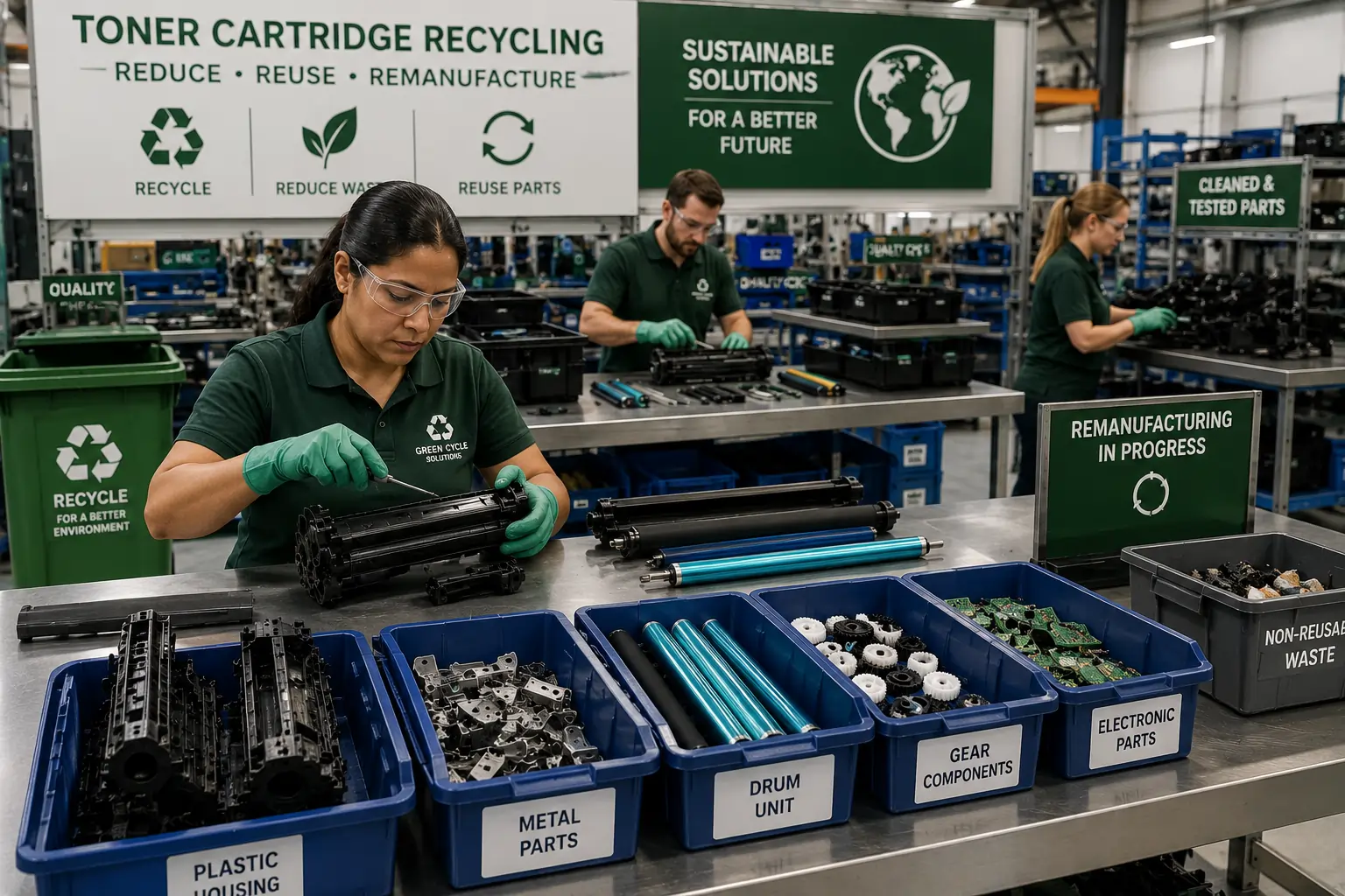 Toner cartridge parts being recycled and reused
