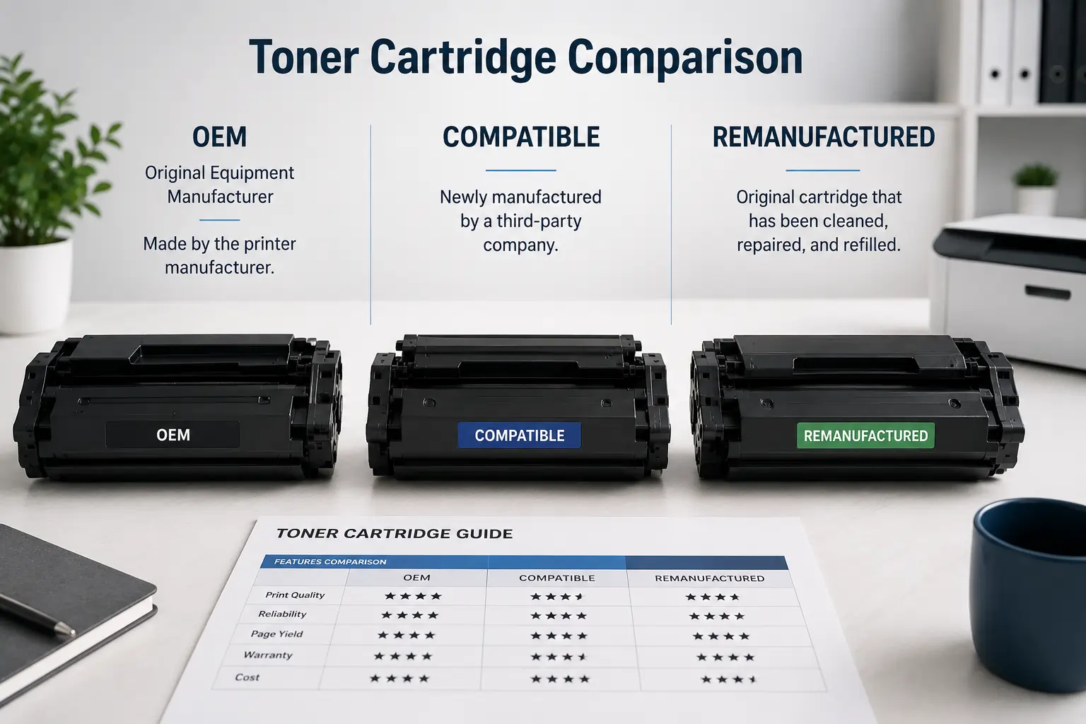 Different types of quality toner cartridges for printers