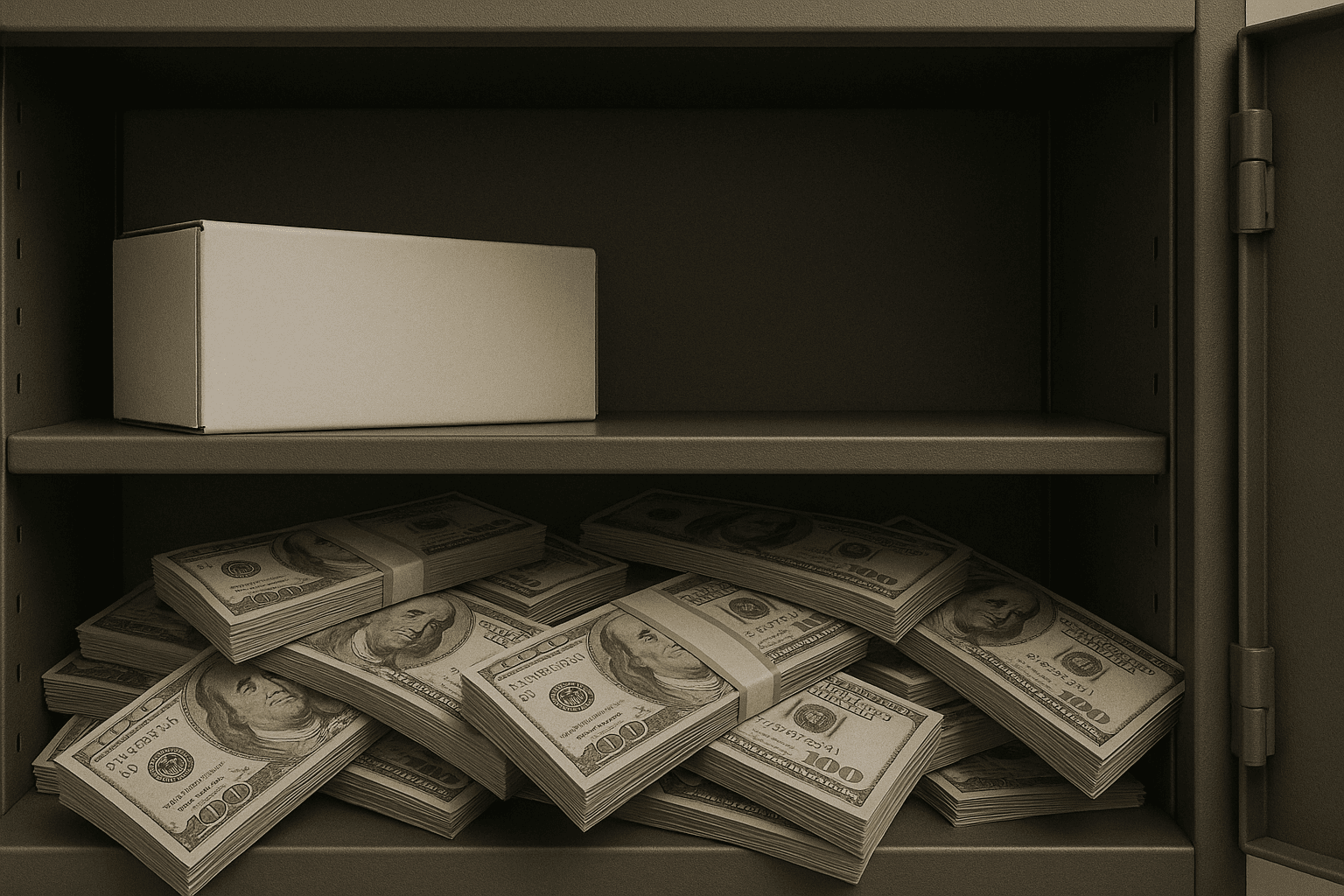 Open gray metal storage cabinet with a neatly placed supply box on the upper shelf and organized stacks of cash on the lower shelf, symbolizing converting idle office supplies into recovered value responsibly.