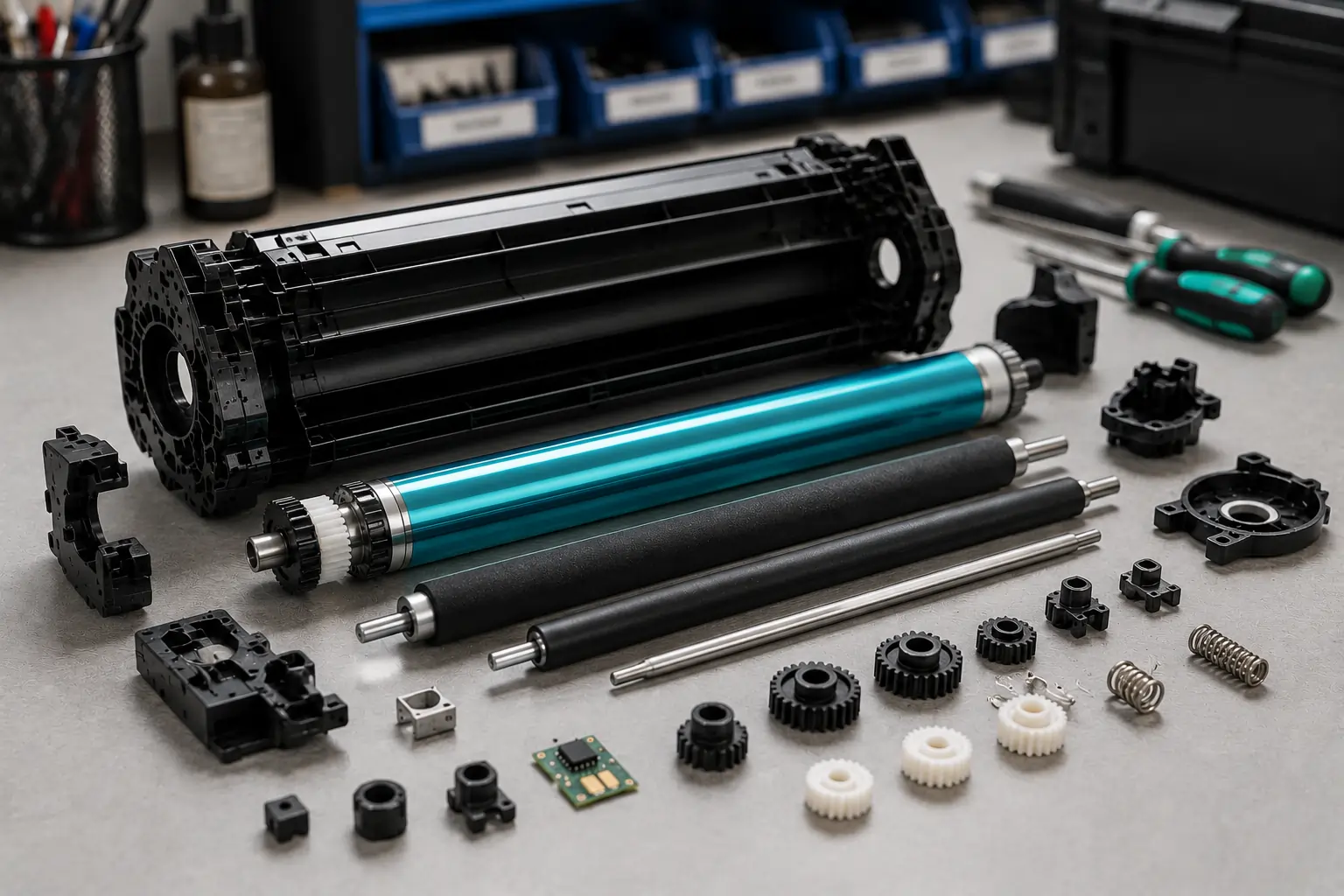 toner cartridge components arranged for reuse and recycling