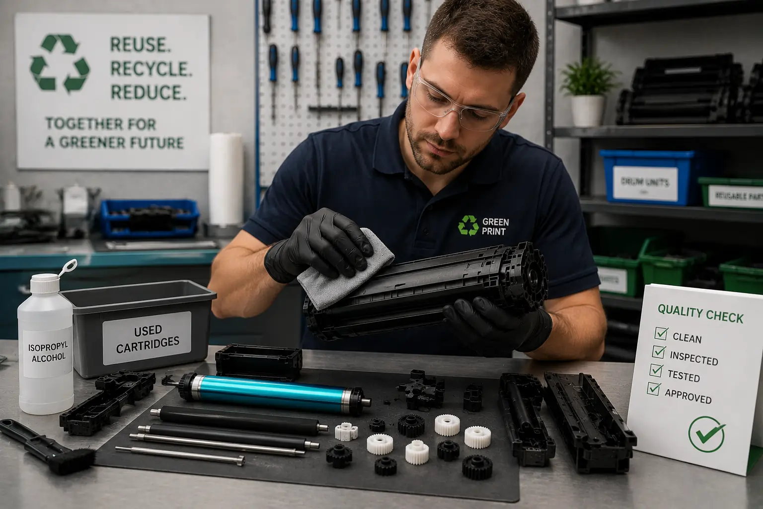 toner cartridge components arranged for reuse and recycling