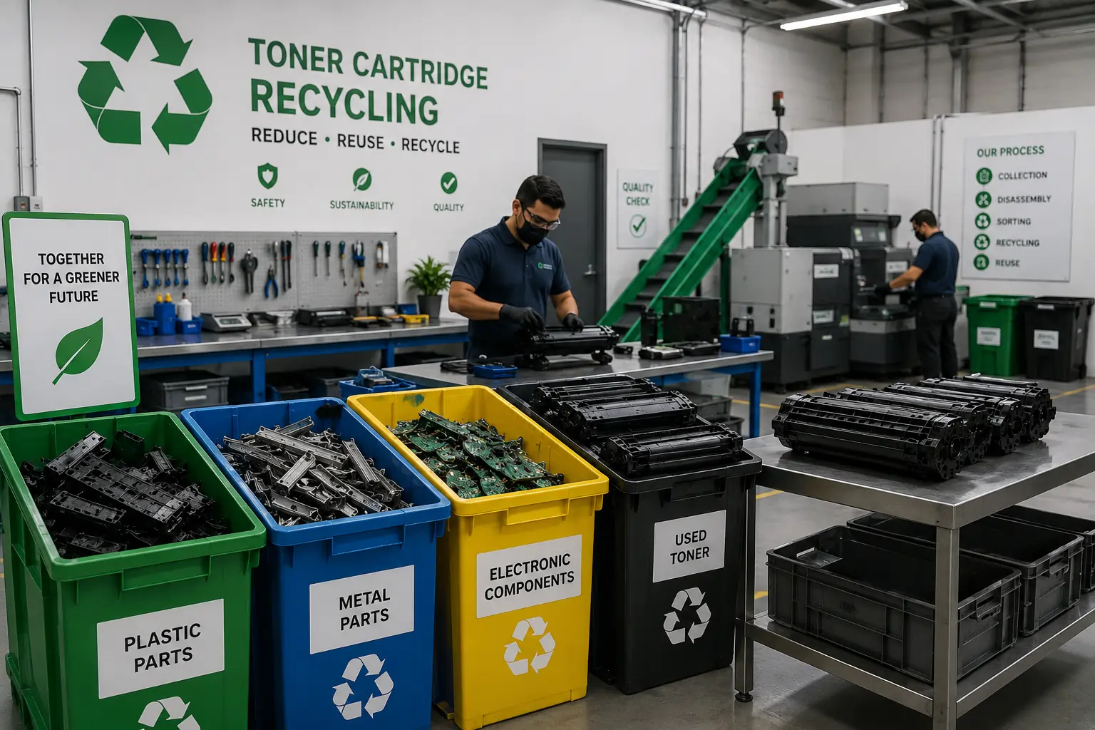 toner cartridge recycling facility for reusable printer components