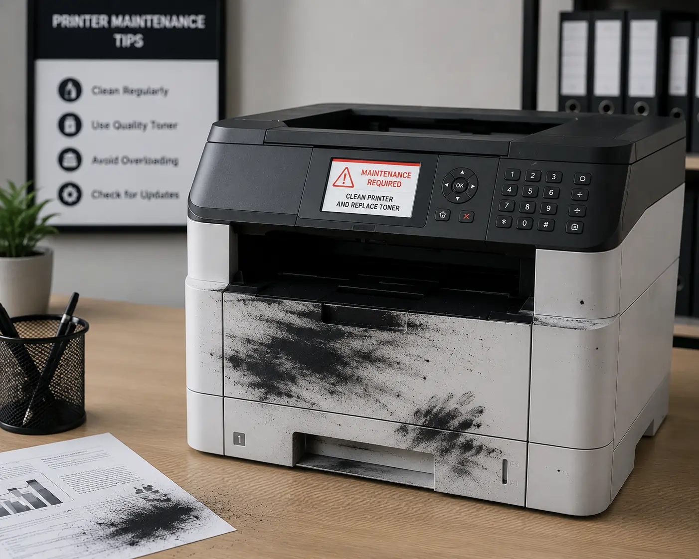 Toner cartridge leak affecting printer performance