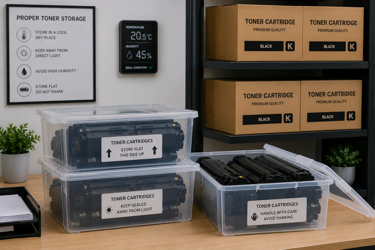 Proper toner cartridge storage to prevent leaks
