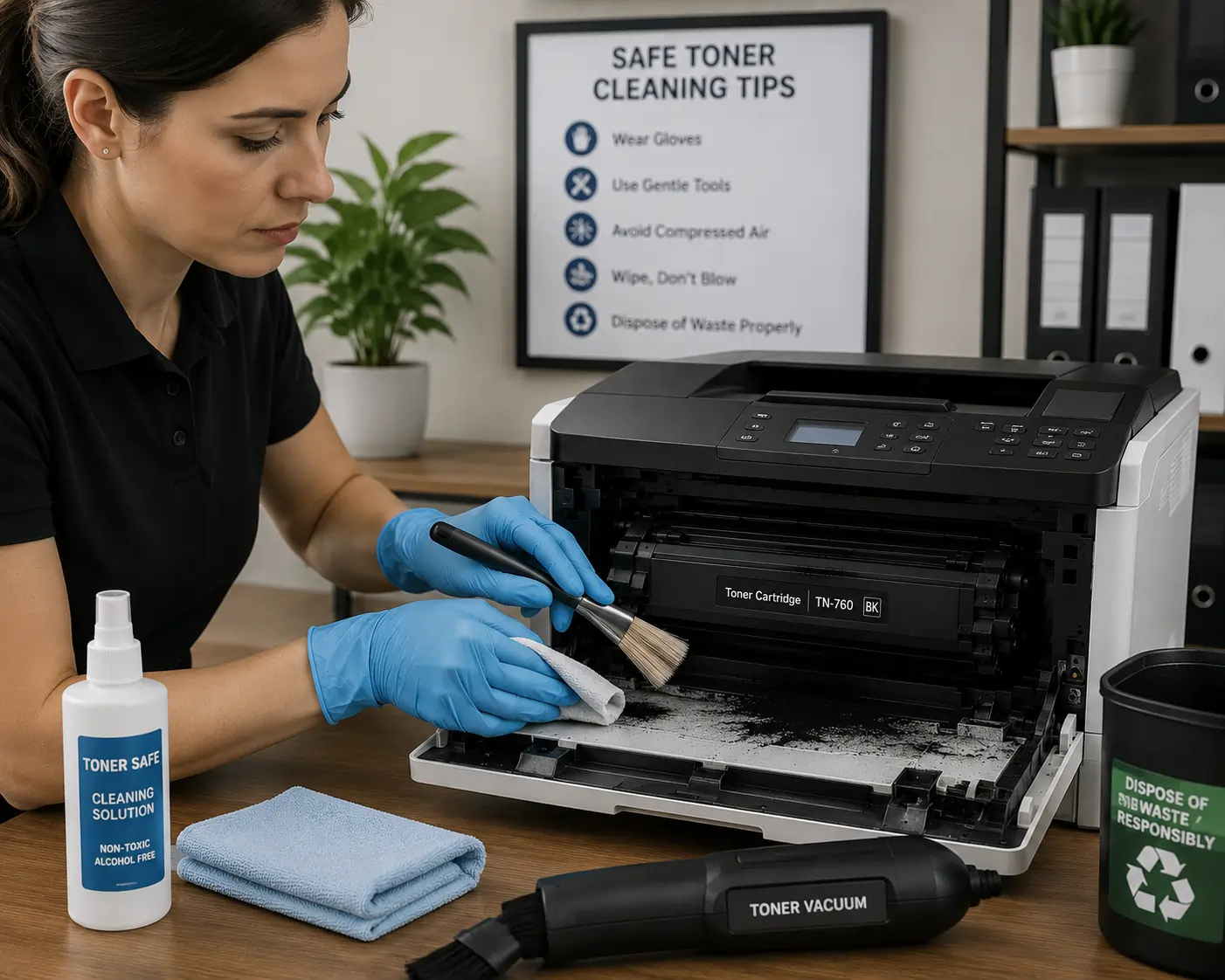 Cleaning toner cartridge leak safely
