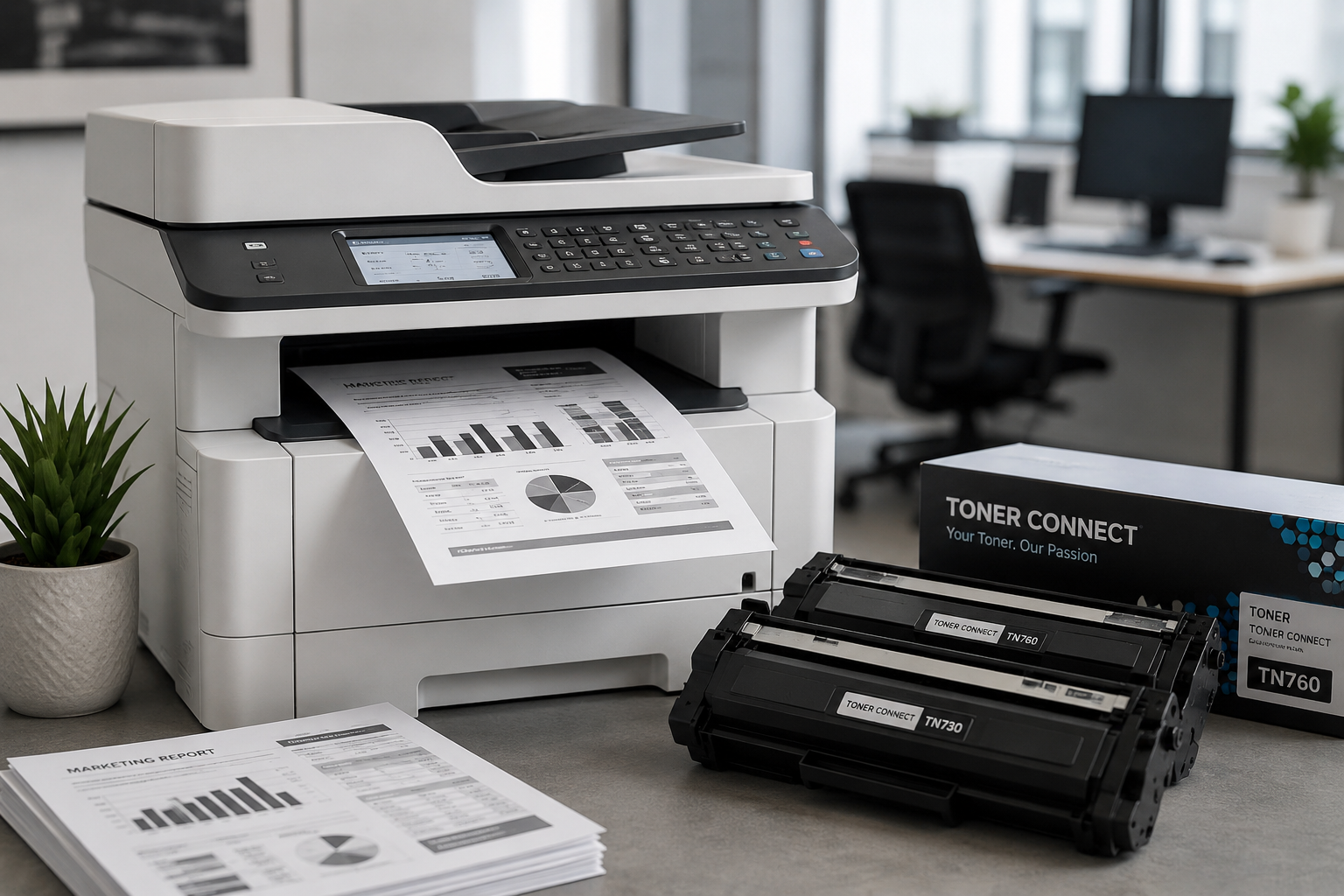 Long-lasting toner cartridges improving print quality in an office printer