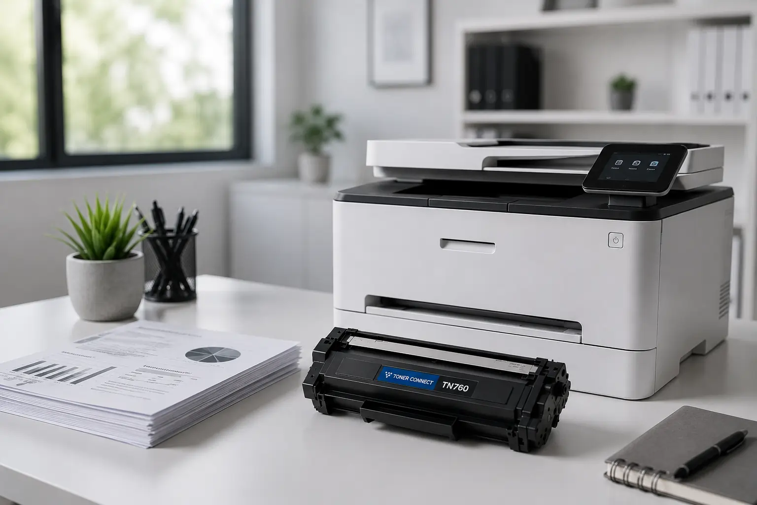 Toner cartridge replacement setup with modern laser printer