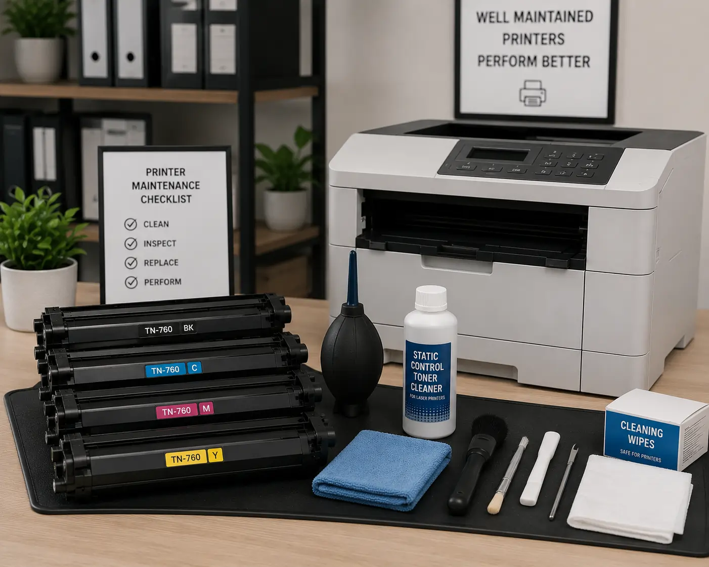 Printer maintenance preventing toner cartridge smearing