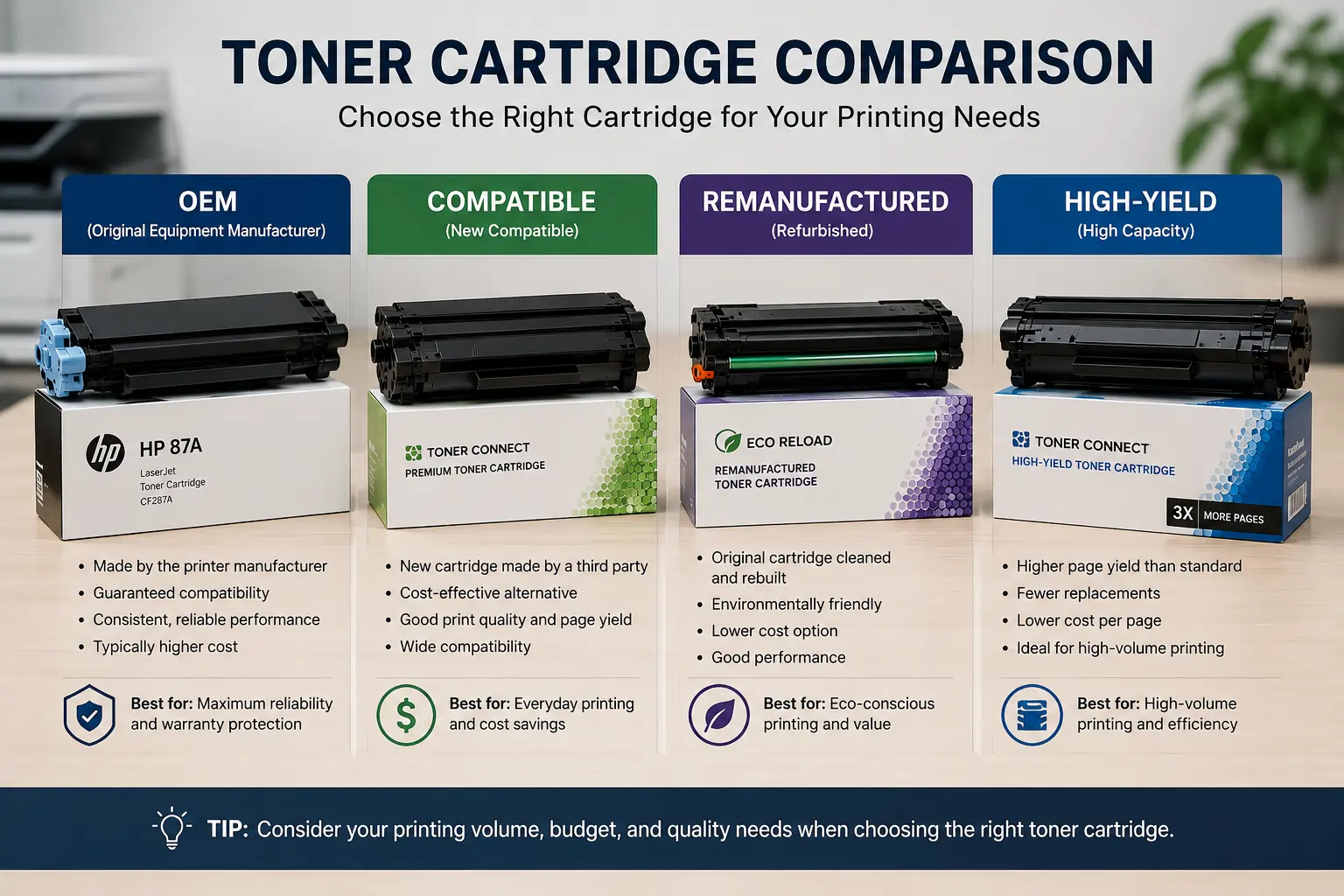 Comparison of OEM compatible and remanufactured toner cartridges