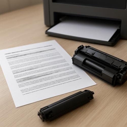 A printed document lies on a wooden desk beside a printer and two toner components, including a clogged printer cartridge