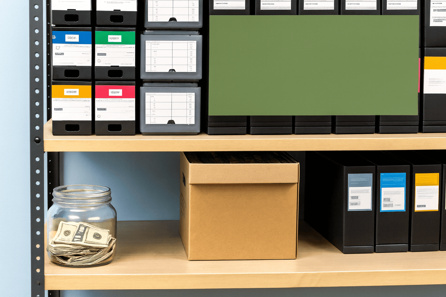 Metal storage shelf with neatly stacked toner cartridge boxes and binders, a cardboard storage box in the center, and a glass jar holding cash on the lower shelf against a light blue wall.