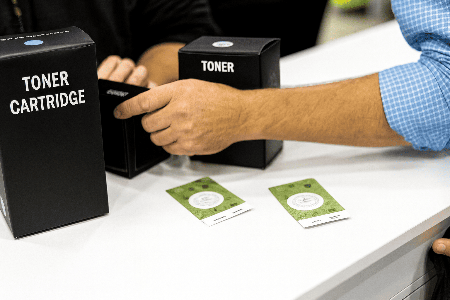 Hands sorting toner cartridge boxes on a white table to identify valuable cartridges, with small cards nearby in an office setting.