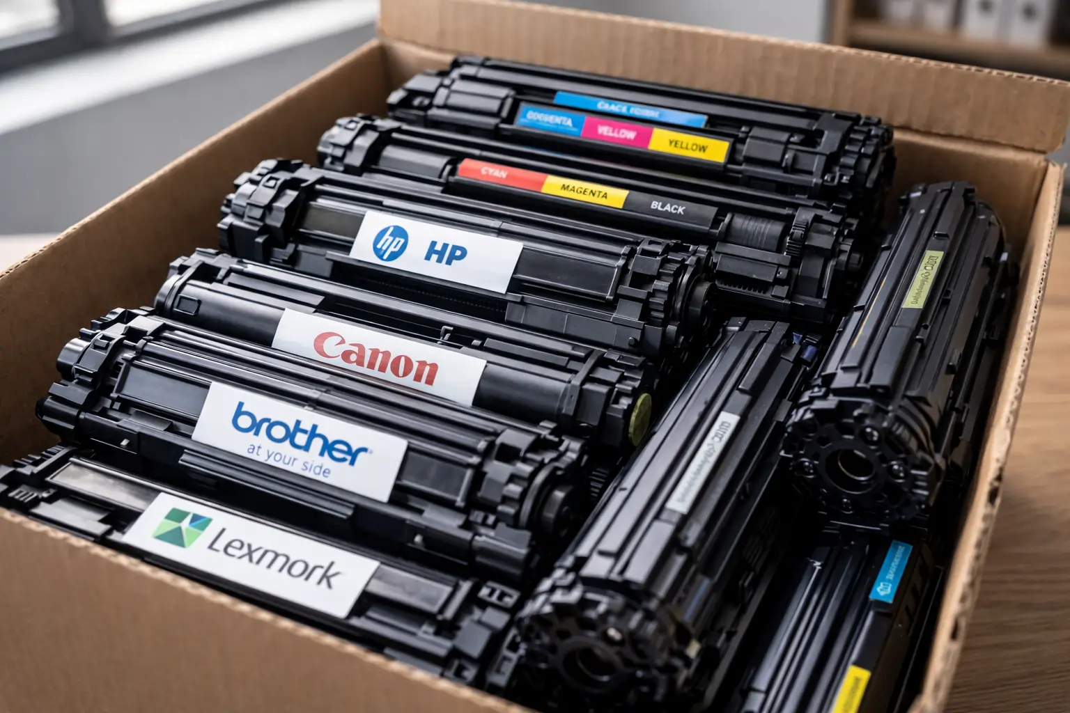 collection box filled with used toner cartridges for recycling program
