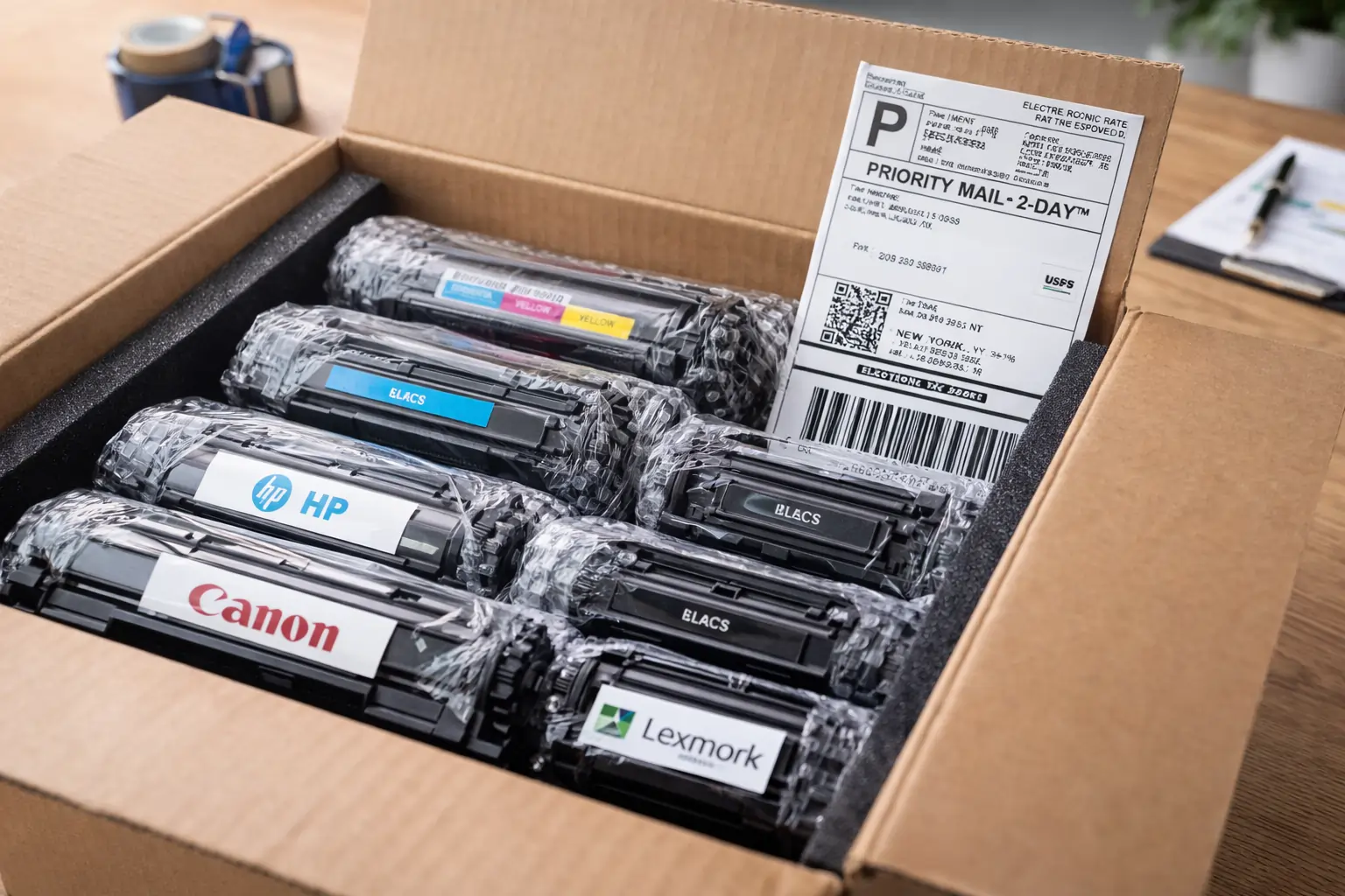 packaged used toner cartridges prepared for buyback shipment