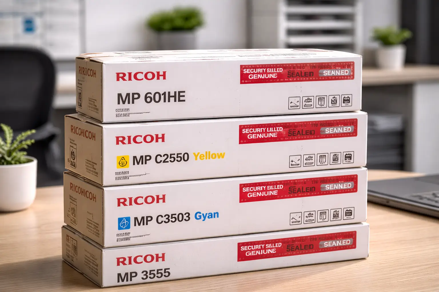 Factory sealed Ricoh toner cartridges ready for recycling or resale

