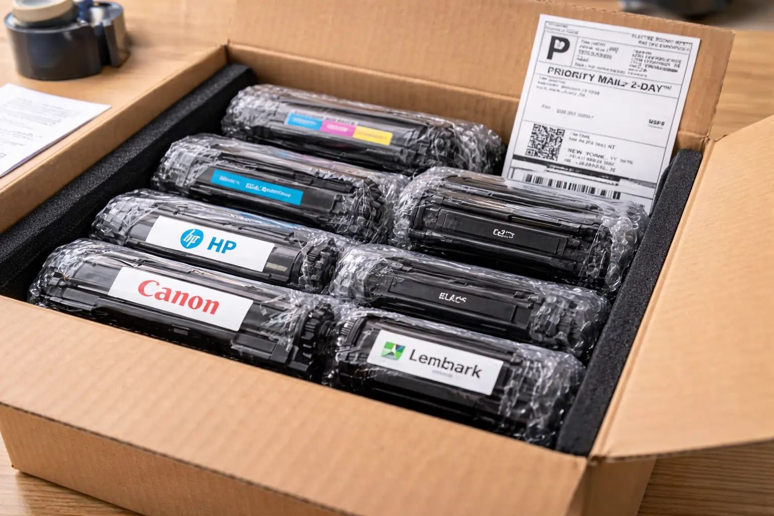 securely packaged unused toner cartridges ready for shipment
