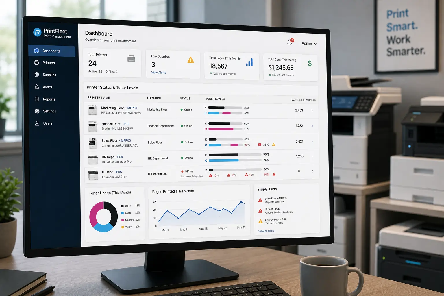 automated toner monitoring system for office printer management