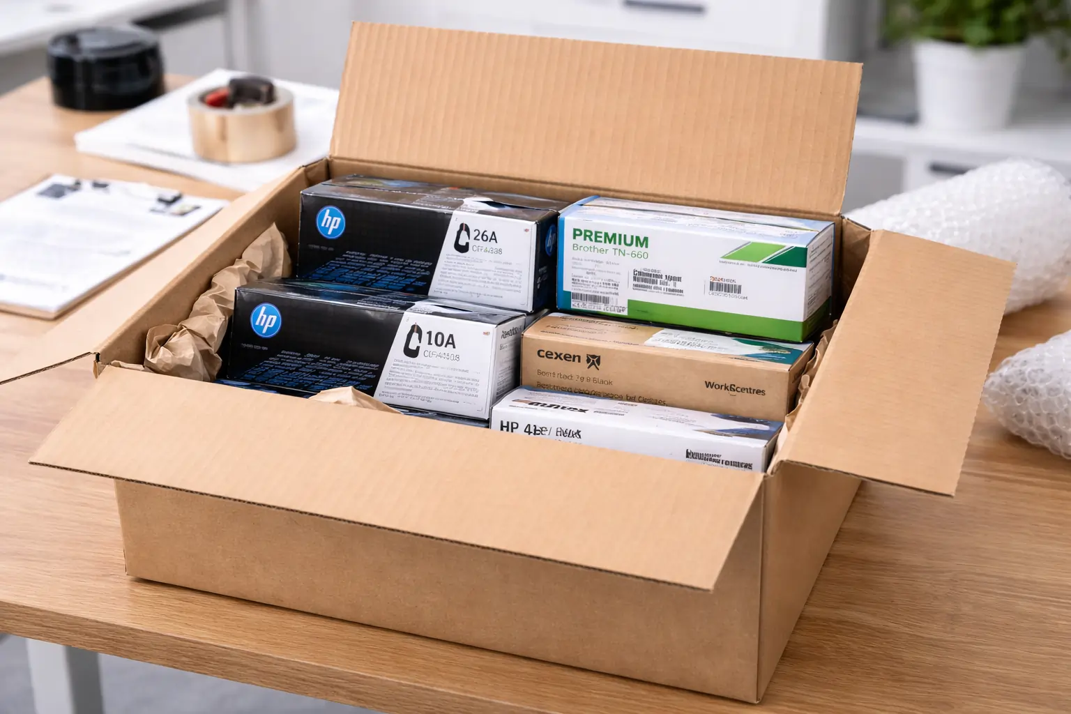 toner cartridges packaged for resale shipping
